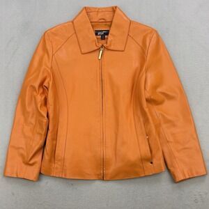 Black Rivet Leather Jacket Womens Medium Neon Orange Full Zip Ladies